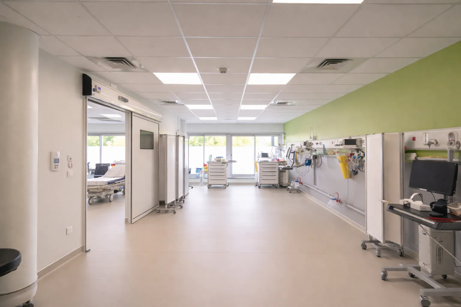 Corridor of the inpatient unit, with patient room doors open and nursing stations along the wall.