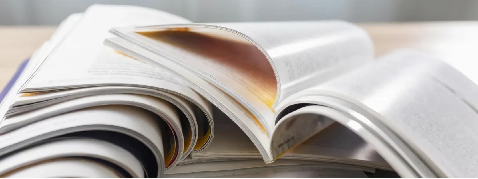 Scientific journals lying open and stacked on a table.